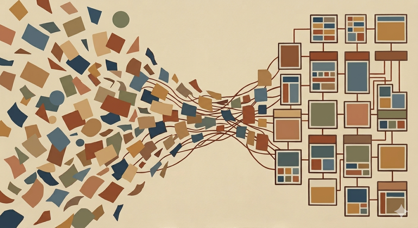 Abstract illustration: scattered knowledge fragments organizing into a structured system