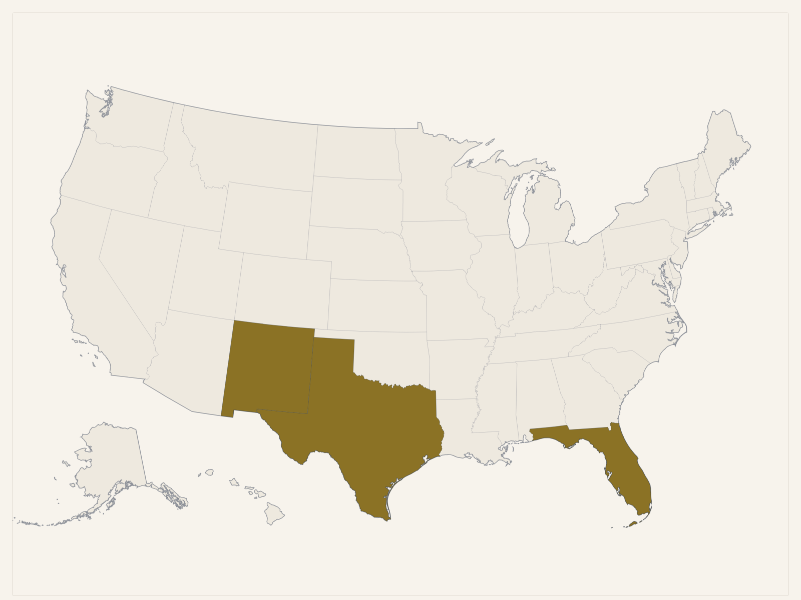 Map of the United States showing federal court coverage in Texas, Florida, and New Mexico